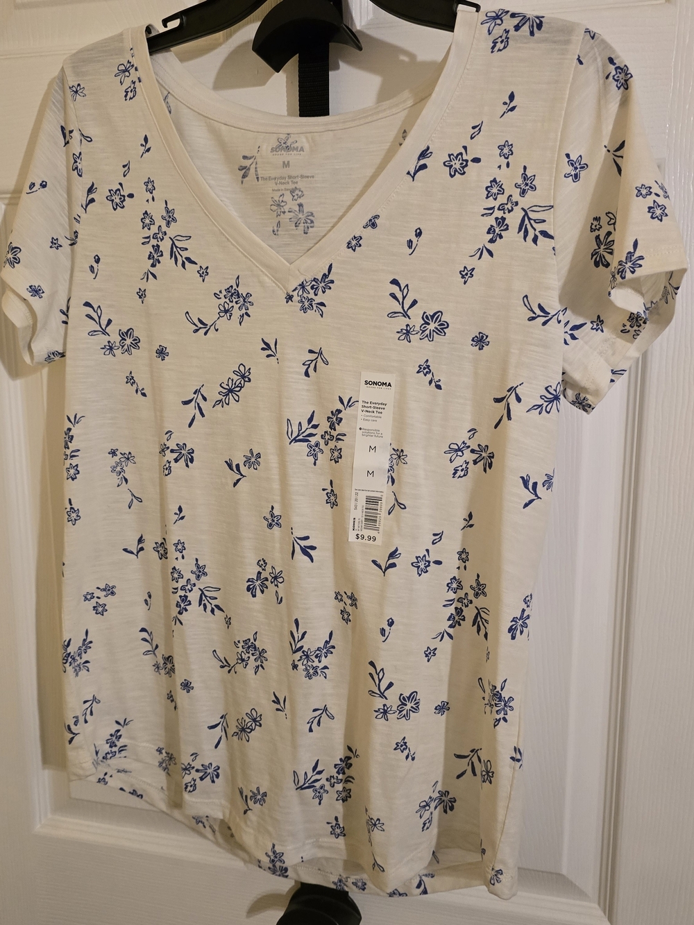 Sonoma Cream V-Neck Tee with Blue Floral Print